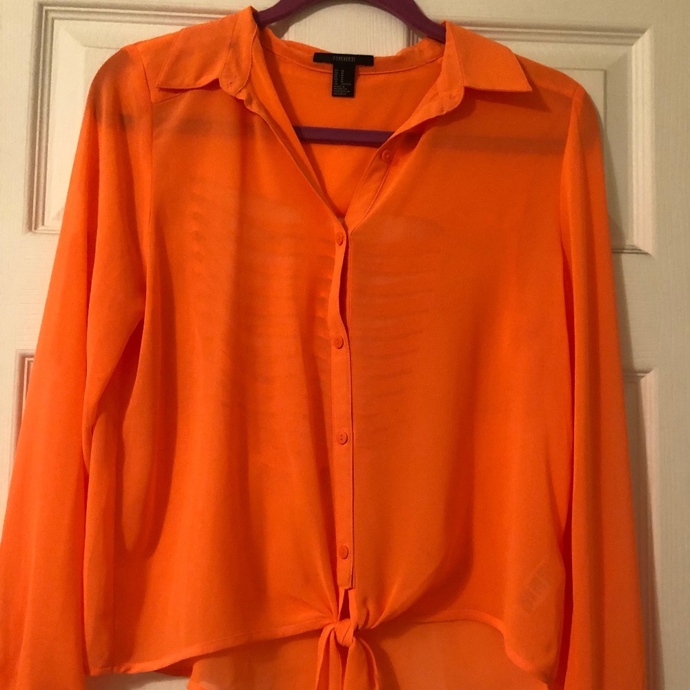 New Forever 21 Orange Long Sleeves Top with Buttons and Opened Back Pattern